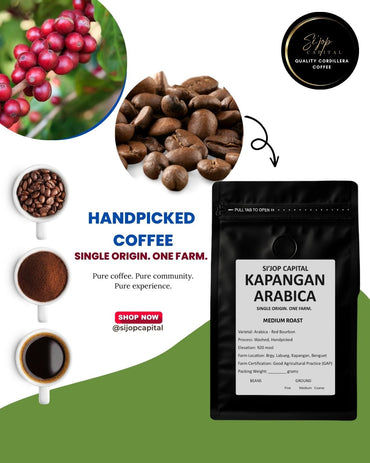 Kapangan single origin arabica coffee packaging with coffee beans, coffee cherries, and a coffee bag on a white background.